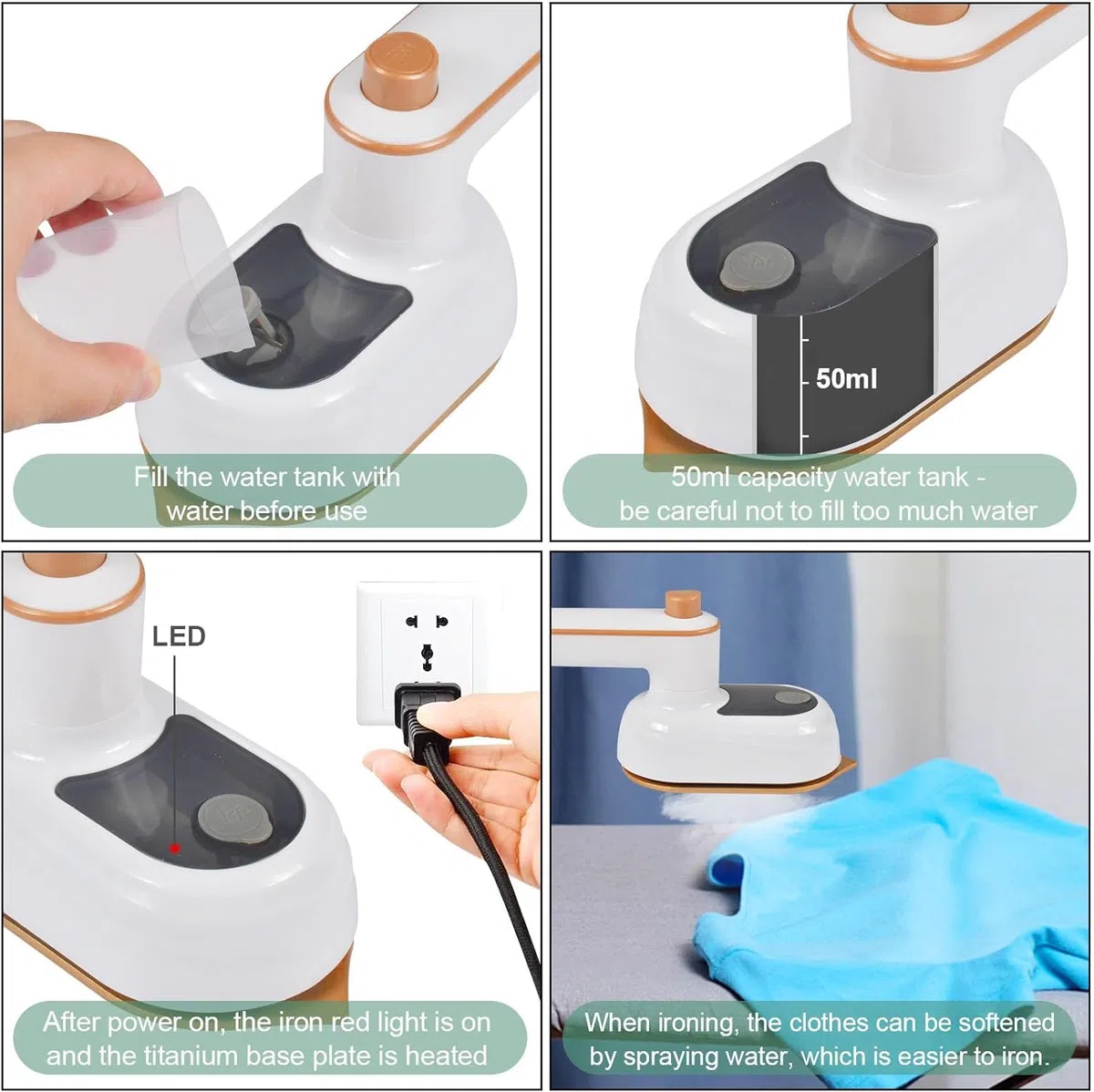 Plancha de Viaje Mini con Vapor, Plancha Portátil de Mano, Mini Depósito de Agua 50 ML, Máquina Plegable de 180 Grados para Planchado Seco y Húmedo, Ideal para Familia y Viajes