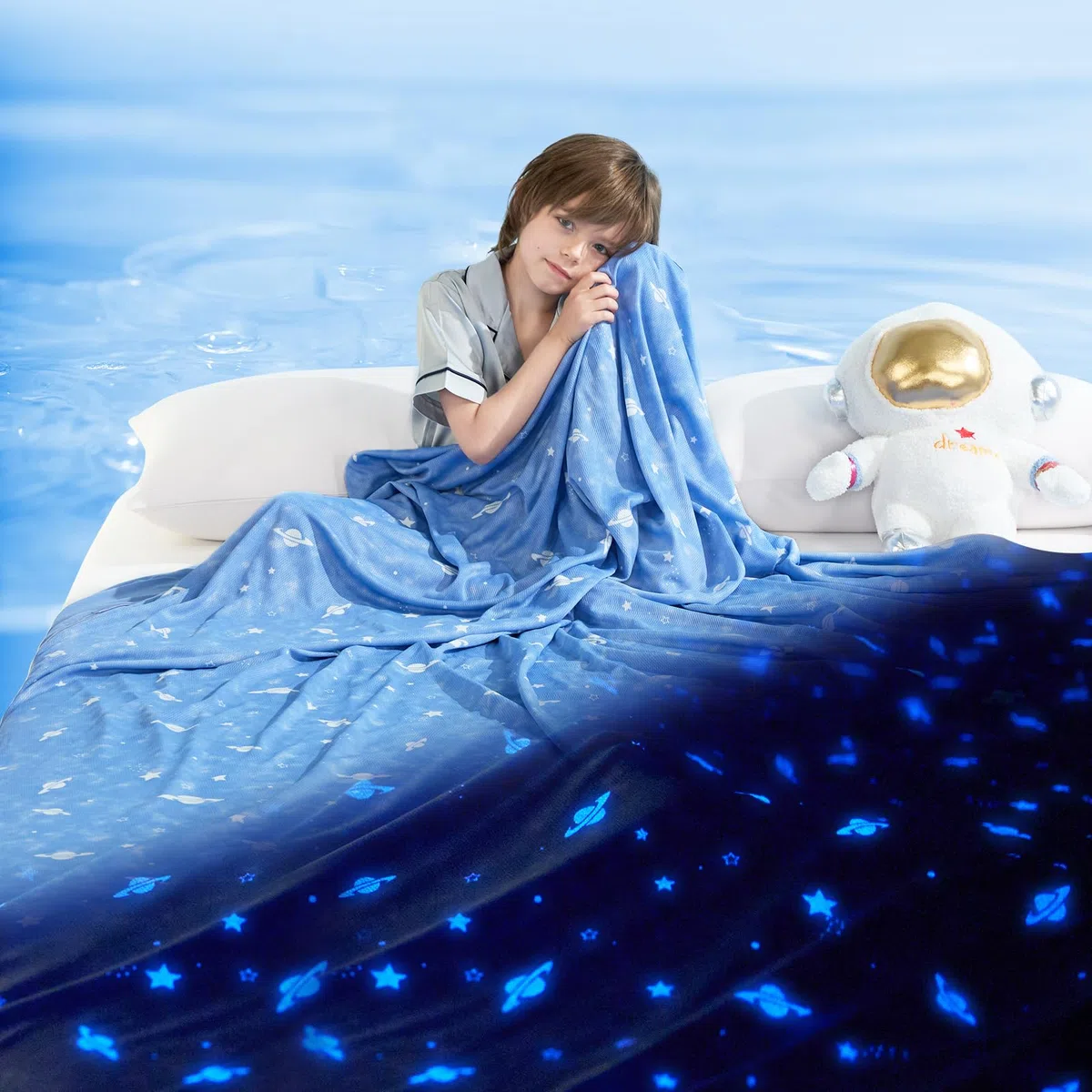 Elegear Manta de Enfriamiento, Manta Que Brilla en La Oscuridad，Niños y Niñas de Regalo de Cumpleaños, La Piel Fresca y Amigable es Adecuada para Niños, El Suave Y Transpirable, Astronave,130×170 cm