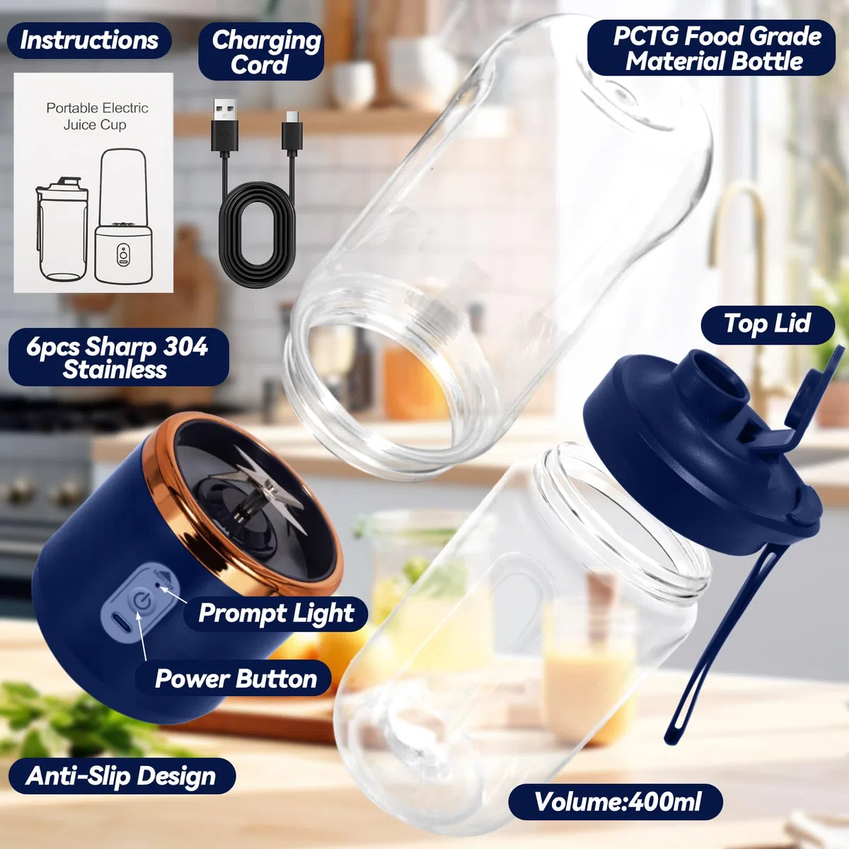 Licuadora Portátil, Mini Licuadora de 400ml Recargable USB Batidora Smoothie con 6 Cuchillas Smoothie Maker para Zumos Batidos Mini Batidora Portatil para Viajes, Deportes y Camping