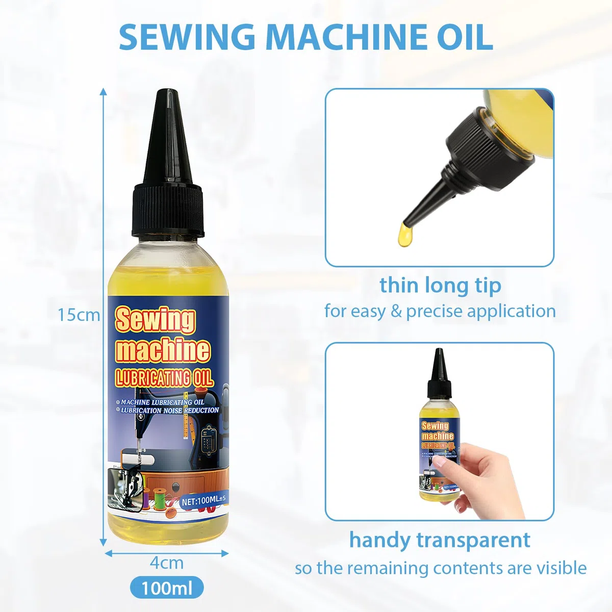 Aceite Maquina de Coser, Inodoro y No Mancha. Incluye 1 Botella de Aceite Para Maquina de Coser, 1 Cepillo Grande Para Limpiar y 4 Cepillos Pequeños.