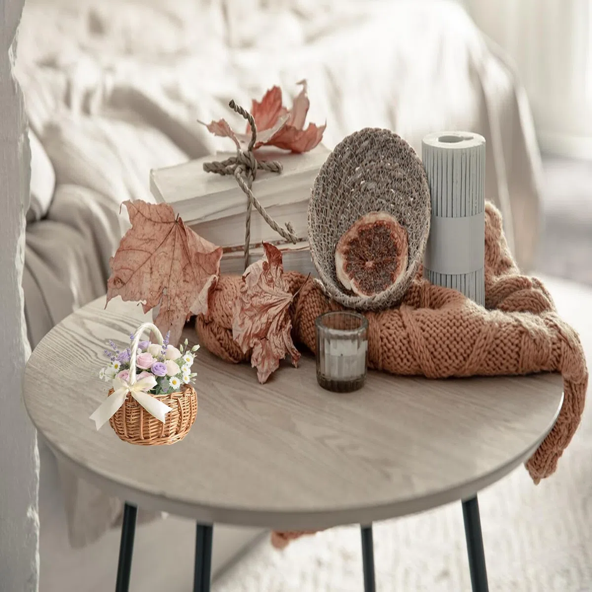 Cestas Pequeñas Mimbre Con Asa Aprox. 1,5 L, Cestas Pequeñas Mimbre Con Asa, Boda Flor Canastilla, Canasta De Niña De Las Flores, Canastilla Para Comuniones, Para Bodas y Decoración (Blanco)