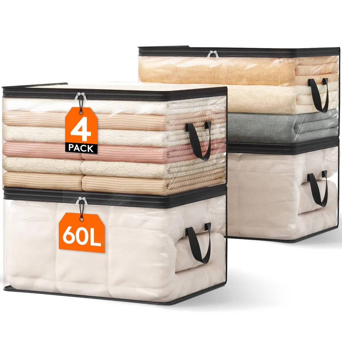 Lifewit 4 Piezas Bolsas para Guardar Ropa Transparentes 60L, Bolsas Almacenaje Ropa Plegable de PVC, Cajas Almacenaje con Asas, Organizador Armario Para Mantas, Ropa, Juguetes, Mudanza, Libro