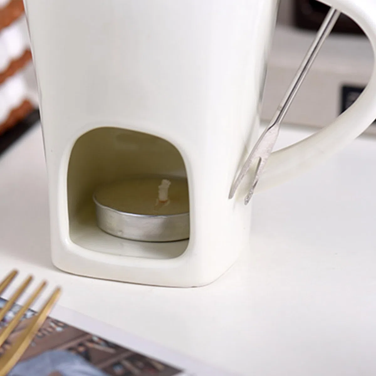 Taza de Fondue de Chocolate 11x8,8x1 2cm Juego de tazas para fondue de chocolate con Vela y Tenedor 200 ml Taza de Cerámica Calientatazas para Fondues Resistente al calor para Queso Mantequilla