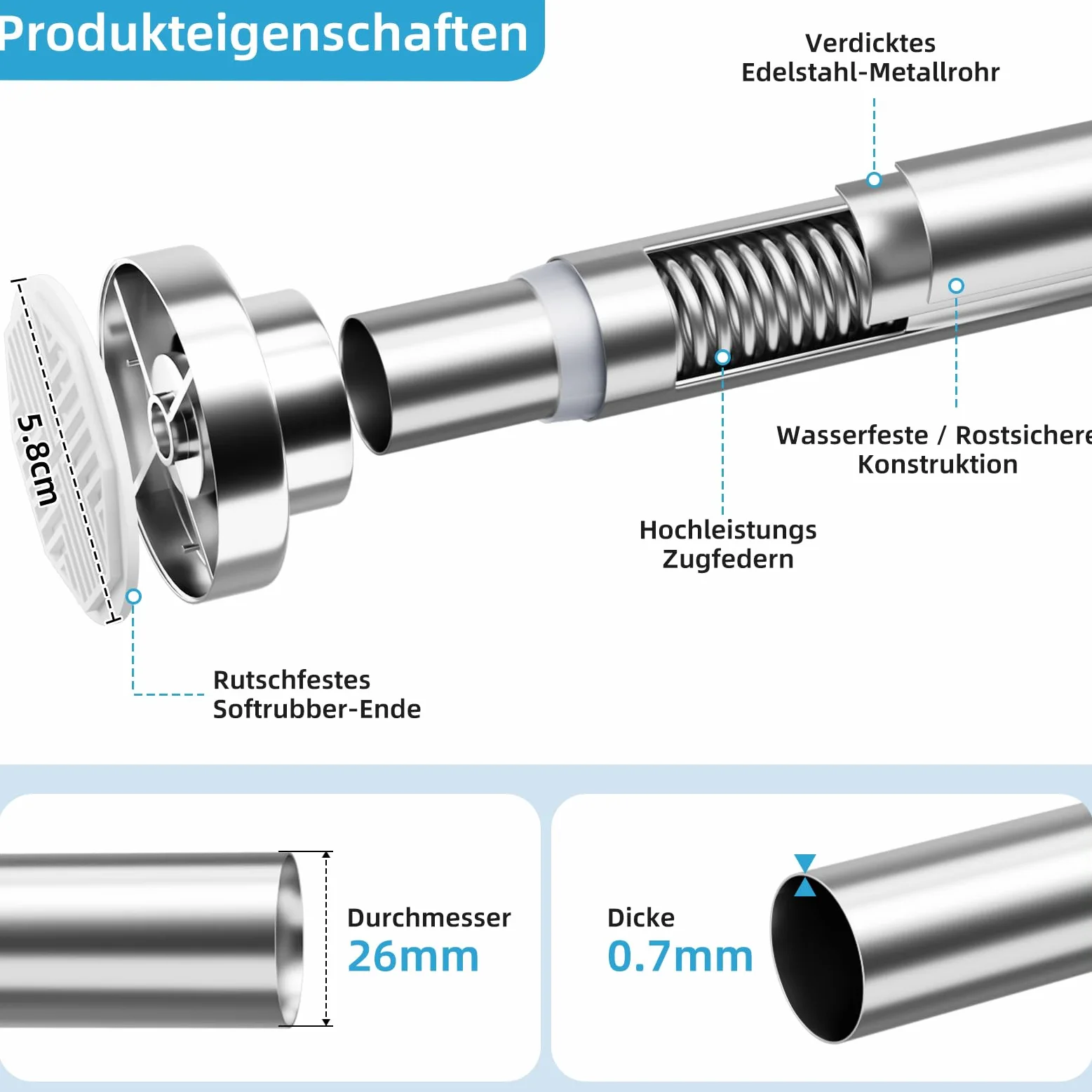 Barra para cortina de ducha sin agujeros de acero inoxidable - Barra telescópica extensible - Antióxido y antideslizante - Barra de ducha ajustable de 70 a 195 cm - Ideal para baño