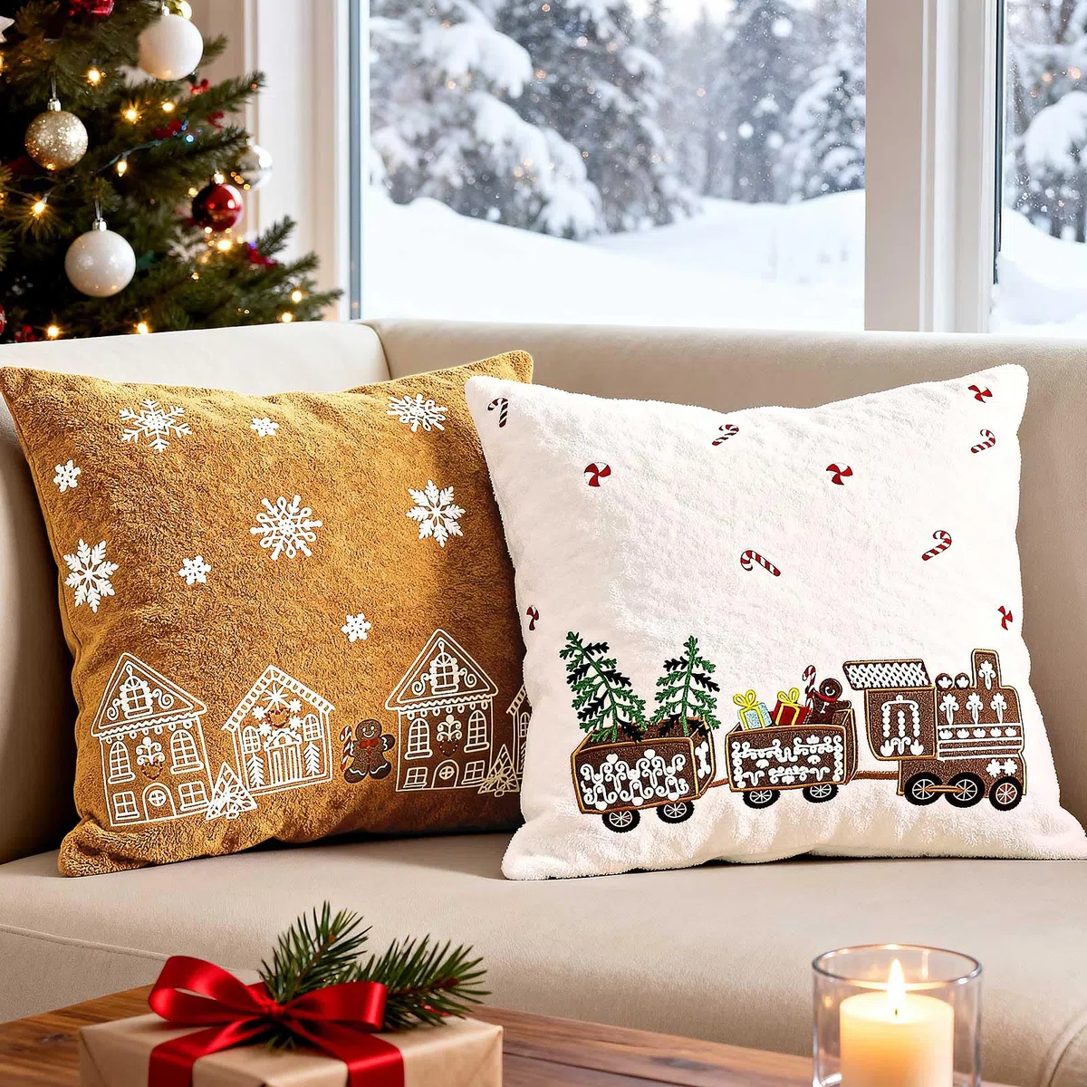 Lanpn Juego de 2 Fundas Cojin Navidad 45x45 cm, Funda Cojines Decorativos Navideños de Hombre de Jengibre Fundas de Almohada Navideñas Decoración Hogar Navidena para Sofá Cama (Beige & Marrón)