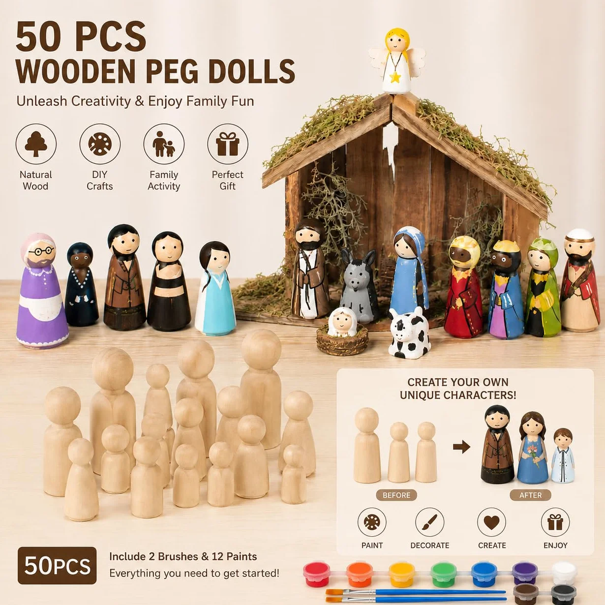 Paquete de 50 muñecos y figuras de madera sin terminar, formas y tamaños surtidos para manualidades, pintura y decoración del hogar