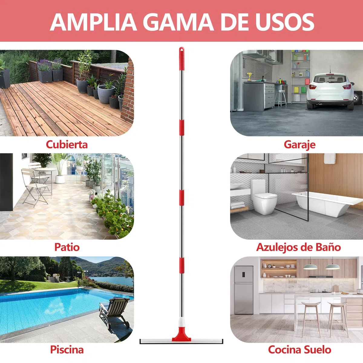 Mitclear Escobilla de Goma de 43cm para Suelo con Mango Ajustable(147cm), Escoba de Caucho de Alta Resistencia, Escobillas de Agua para Limpiar de Ducha, Azulejos, Baño, Garaje, Cocina, Patio, Jardín