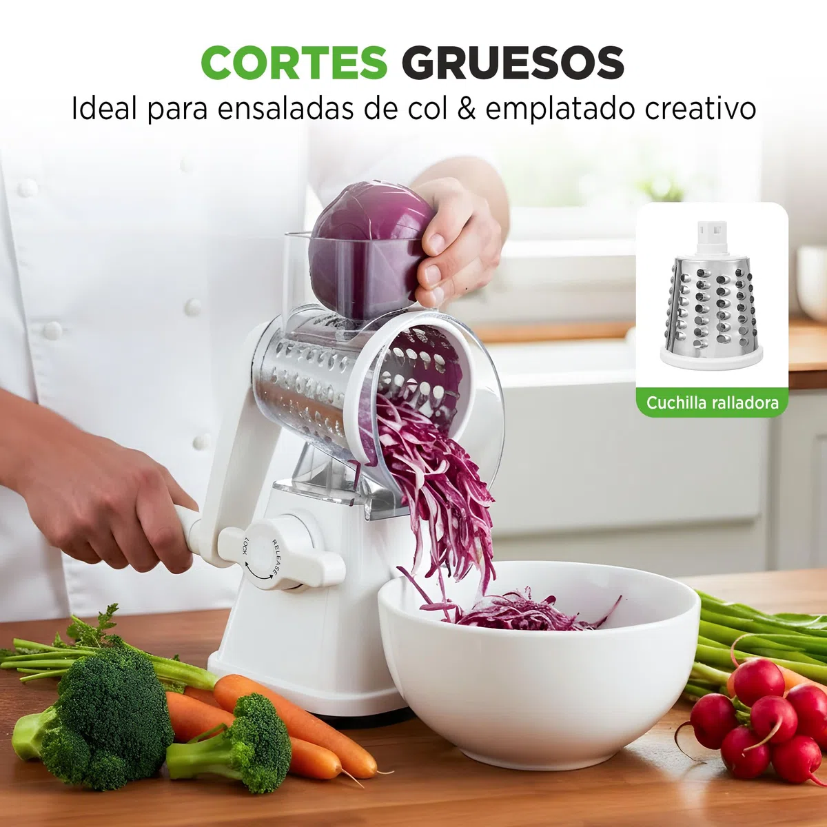 Nutrichef rallador de manivela y desmenuzador de queso 3 en 1, Base de succion fuerte, Mango giratorio con bloqueo de seguridad, Incluye tres cilindros intercambiables: fino, medio y tiras
