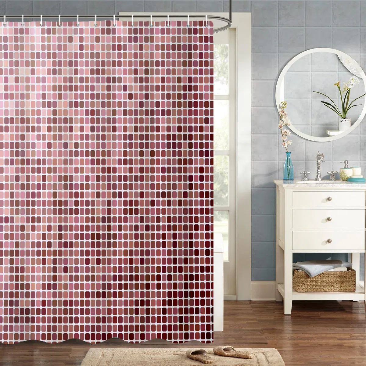 180x180cm Arte Moderno Cortina De La Ducha Vistoso Arreglo Geométrico Cuadrado Cortina De Ducha para Baño Impermeable Tejido De Poliéster Conjunto con Ganchos