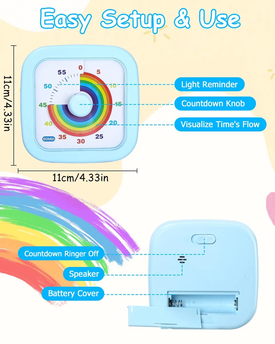 Temporizador Visual Cuenta Regresiva de 60 Minutos Rainbow Temporizador Niños, Silencioso, Herramienta de Gestión del Tiempo para Niños y Adultos,para Aula Escuela Oficina Cocina (Azul)