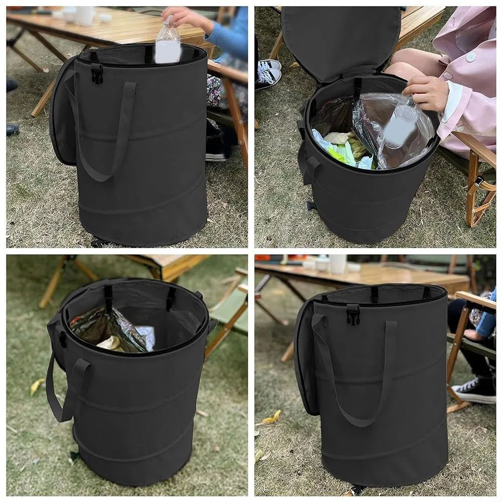 Cubo de basura para exteriores con diseño plegable, adecuado para acampar y picnics, hecho de tela Oxford para resistir la intemperie y fácil mantenimiento (es negro)