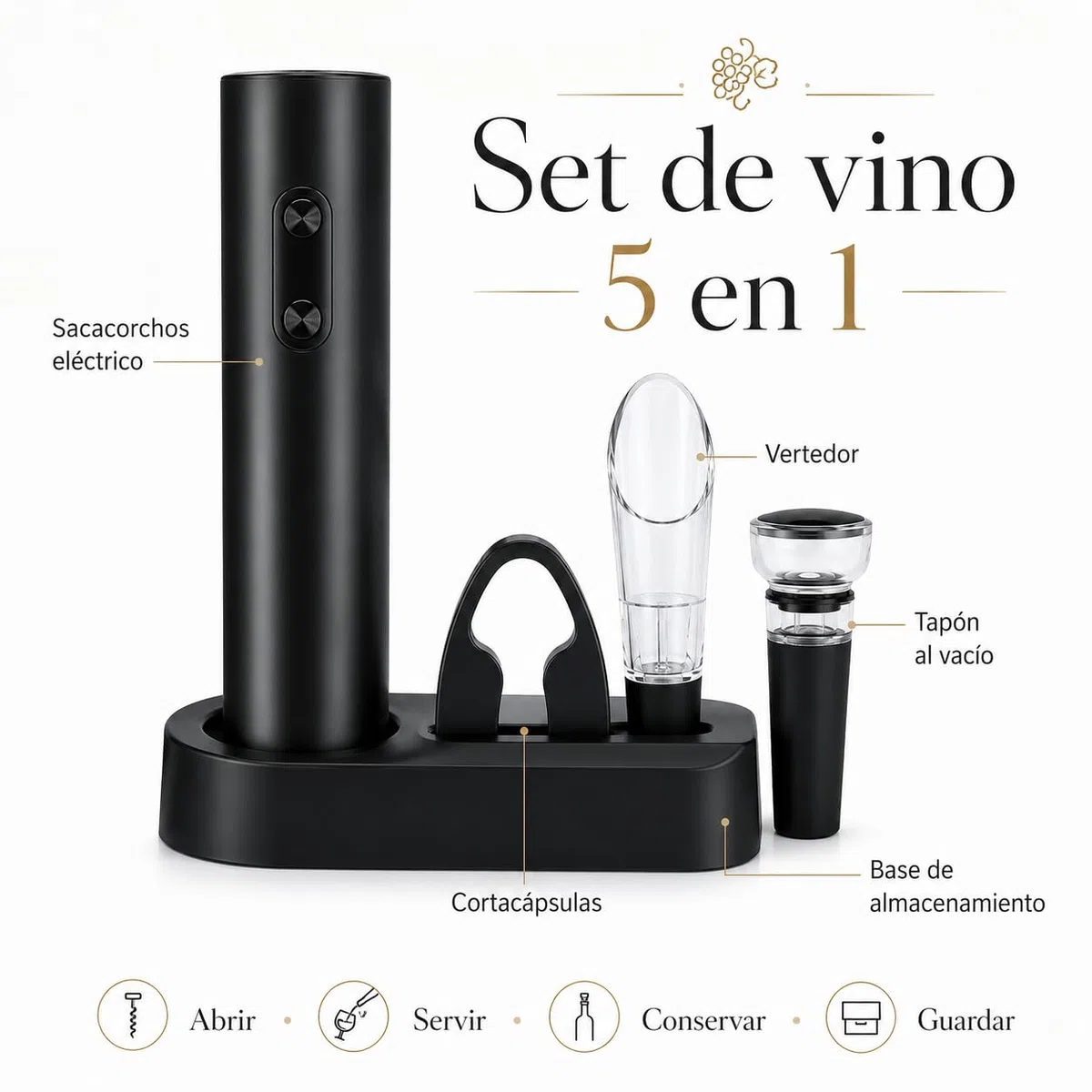 Sacacorchos Eléctrico a Pilas 5 en 1, Abrebotellas de Vino Automático con Cortacápsulas, Vertedor, Tapón al Vacío y Base, para Botellas de Corcho Natural y Sintético, Negro