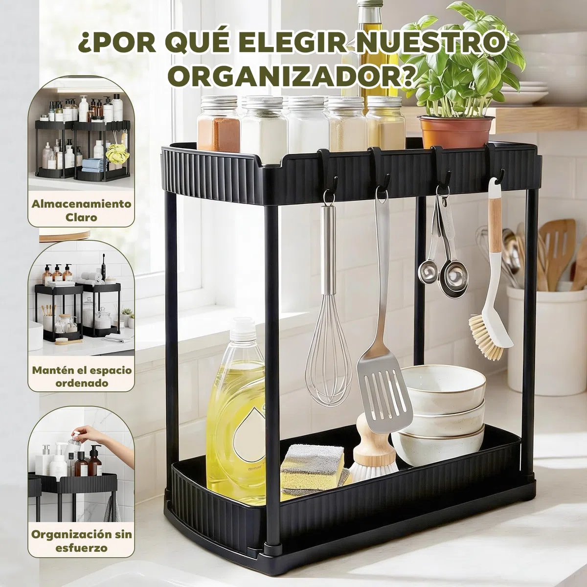 Organizador bajo Fregadero 2 Niveles con Cajón Extraíble – Sin Herramientas Estante con 4 Ganchos, para Baño & Cocina, Negro