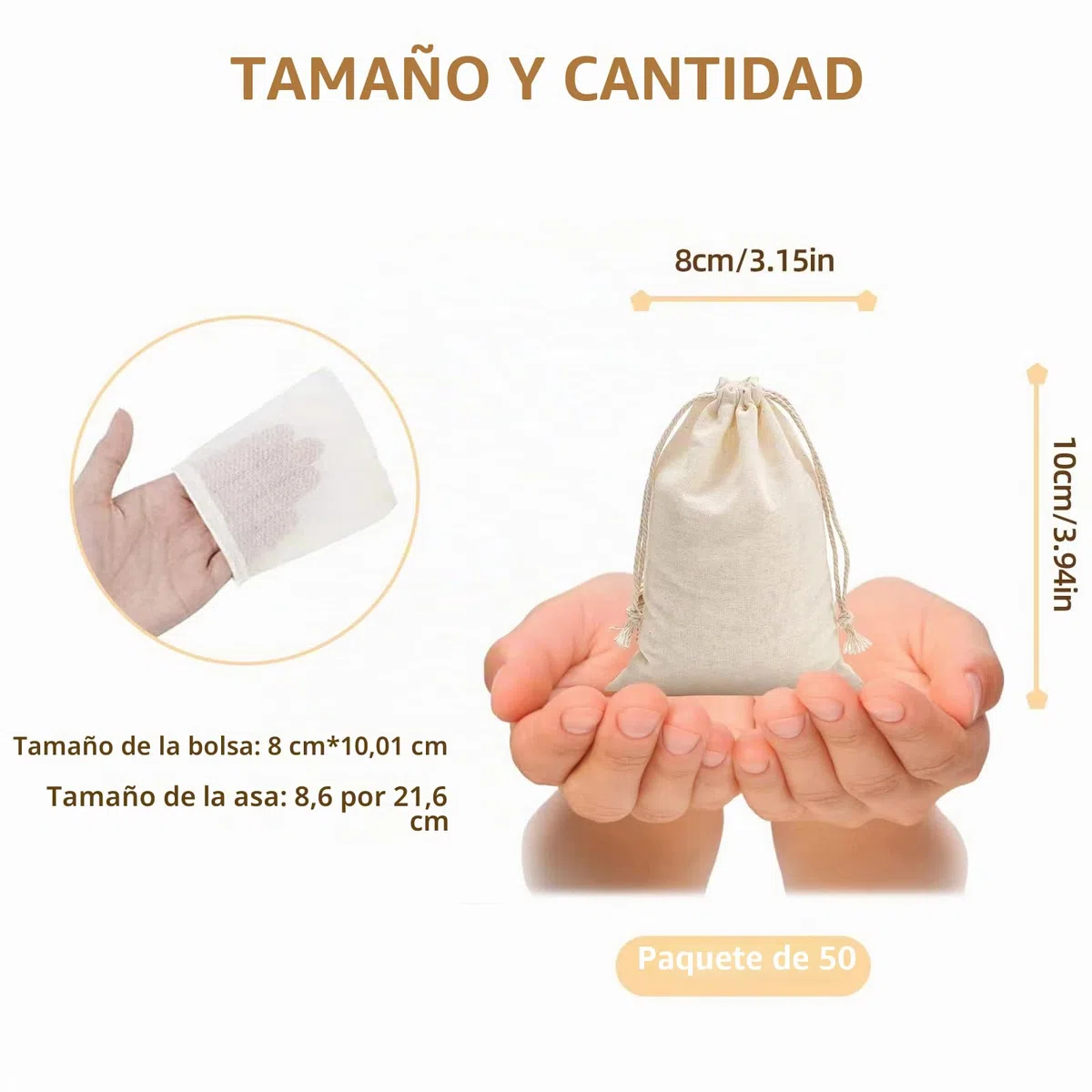 Irich 50 Pack Bolsa De Algodon 100%, Reutilizables Bolsas para Te con Cordón para Colgar -8x10cm, Blanco Pequeño Bolsas De Tela para Almacenar Jabón De Lavanda Frutos Secos Especias Joyería, Cocina