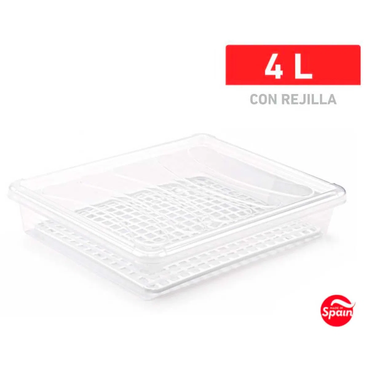 Tradineur - Pack de 3 bandejas frigoríficas de Almacenamiento con Tapa y Rejilla, plástico, Reutilizable, descongelar Alimentos, Fabricado en España - 4 litros - 35 x 27,5 x 6,5 cm - Transparente