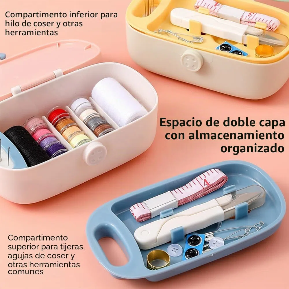 Kit de costura portátil con caja de almacenamiento, estuche de costura esencial con compartimentos y accesorios para uso doméstico y de emergencia, color rosa