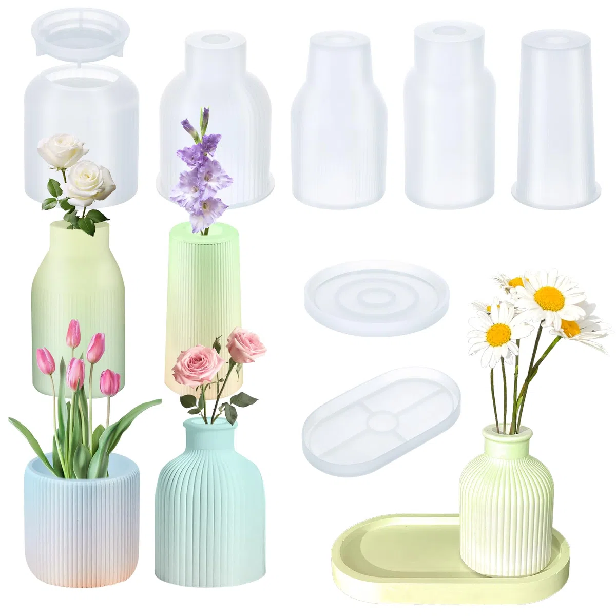 7 Piezas Silicona Florero Moldes, Moldes Resina Jarrón con 5 Floreros + 2 Paleta, Botella Molde de Resina para DIY Decorar Hogar Restaurante Floristería Oficina