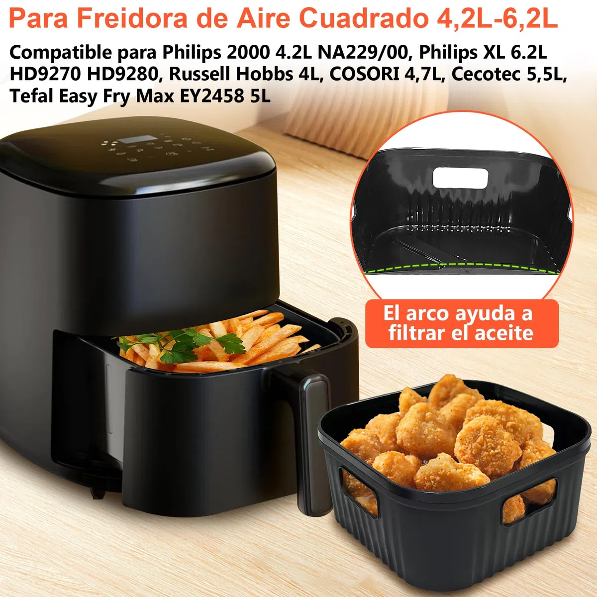 20CM Molde Silicona Freidora de Aire, 2PCS Cuadrado Accesorios Freidoras de Aire para COSORI 4,7L, Cecotec 5,5L, Moulinex 5L, Reutilizable Accesorios Freidora sin Aceite en lugar de Papel de Horno
