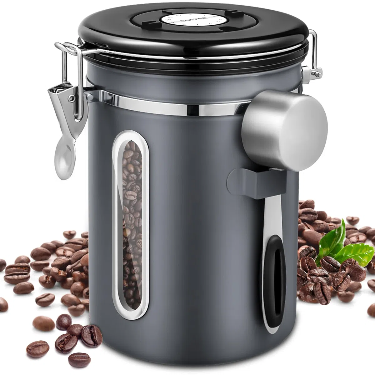 Bote para Café,1.8L Tarro de café hermético,contenedor de café de Acero Inoxidable,Caja de Almacenamiento de Alimentos,con Válvula de CO2 y cuchara,para cafe grano o cafe molido,Gris