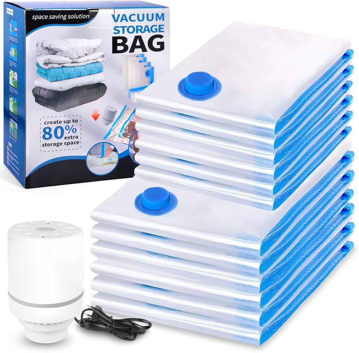 Bolsas de Vacío Ropa 12 Piezas 6L 80x60cm, 6S 60x40cm, con Bomba Eléctrica Portátil, Bolsas de Almacenaje al Vacío, Ahorra Espacio para Guardar Ropa, Edredones, Almohadas, Mantas