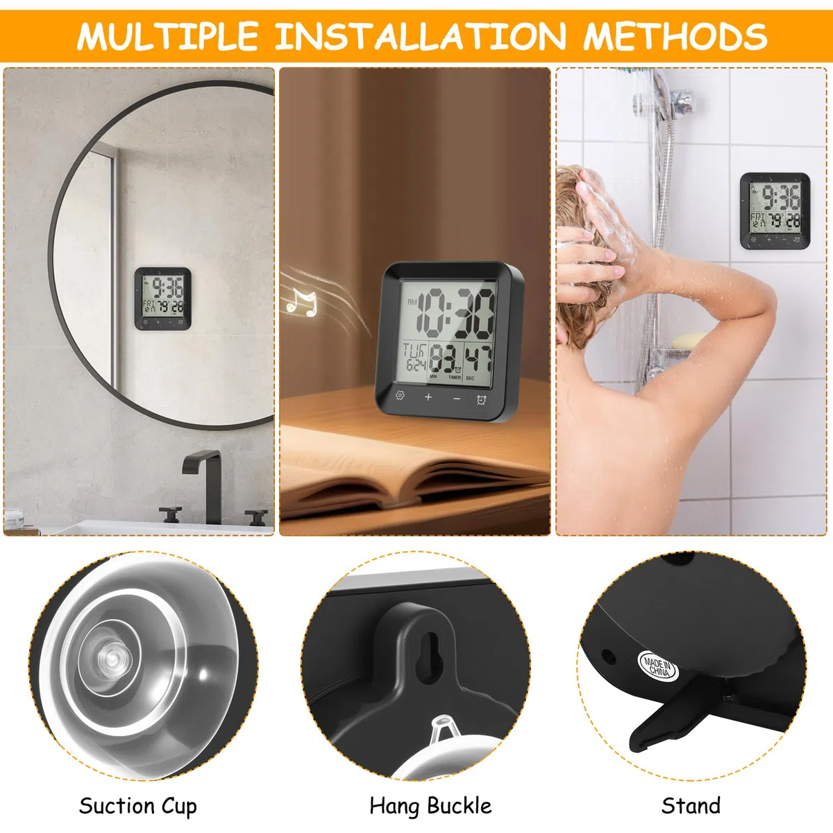ALLOMN Reloj de ducha digital, resistente al agua, temporizador con alarma de cuenta regresiva, indicador de temperatura, reloj de baño táctil, reloj de ducha con ventosa, soporte para niños y adultos