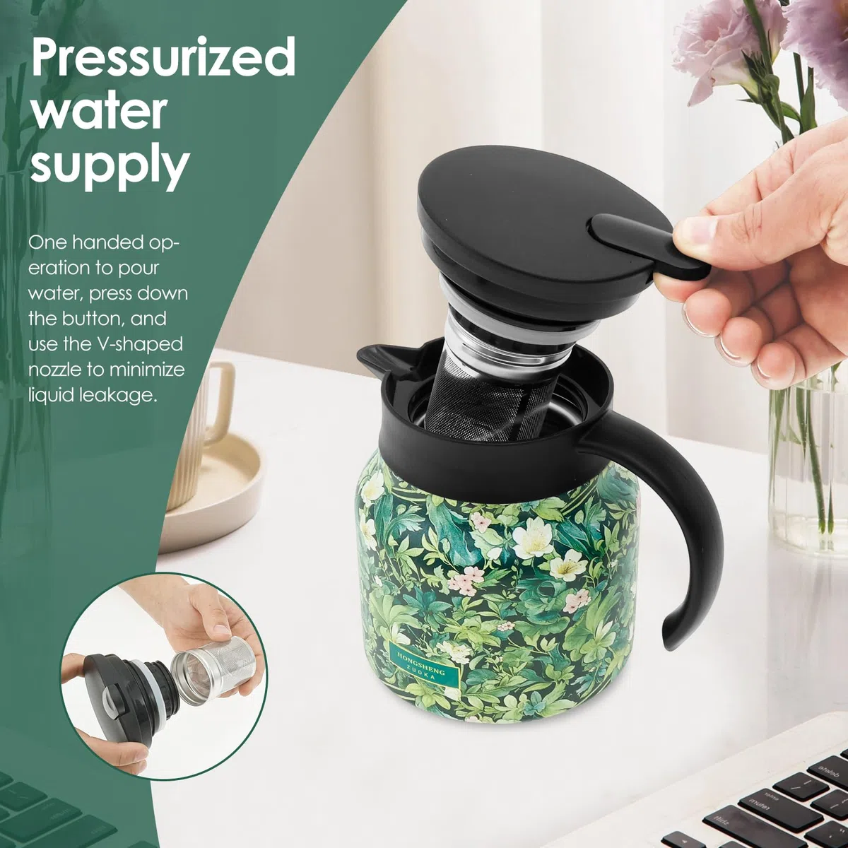 Termo con colador de té, tetera térmica de 800 ml, aislamiento multicapa, acero inoxidable, bien sellada, para café, té y leche (verde)