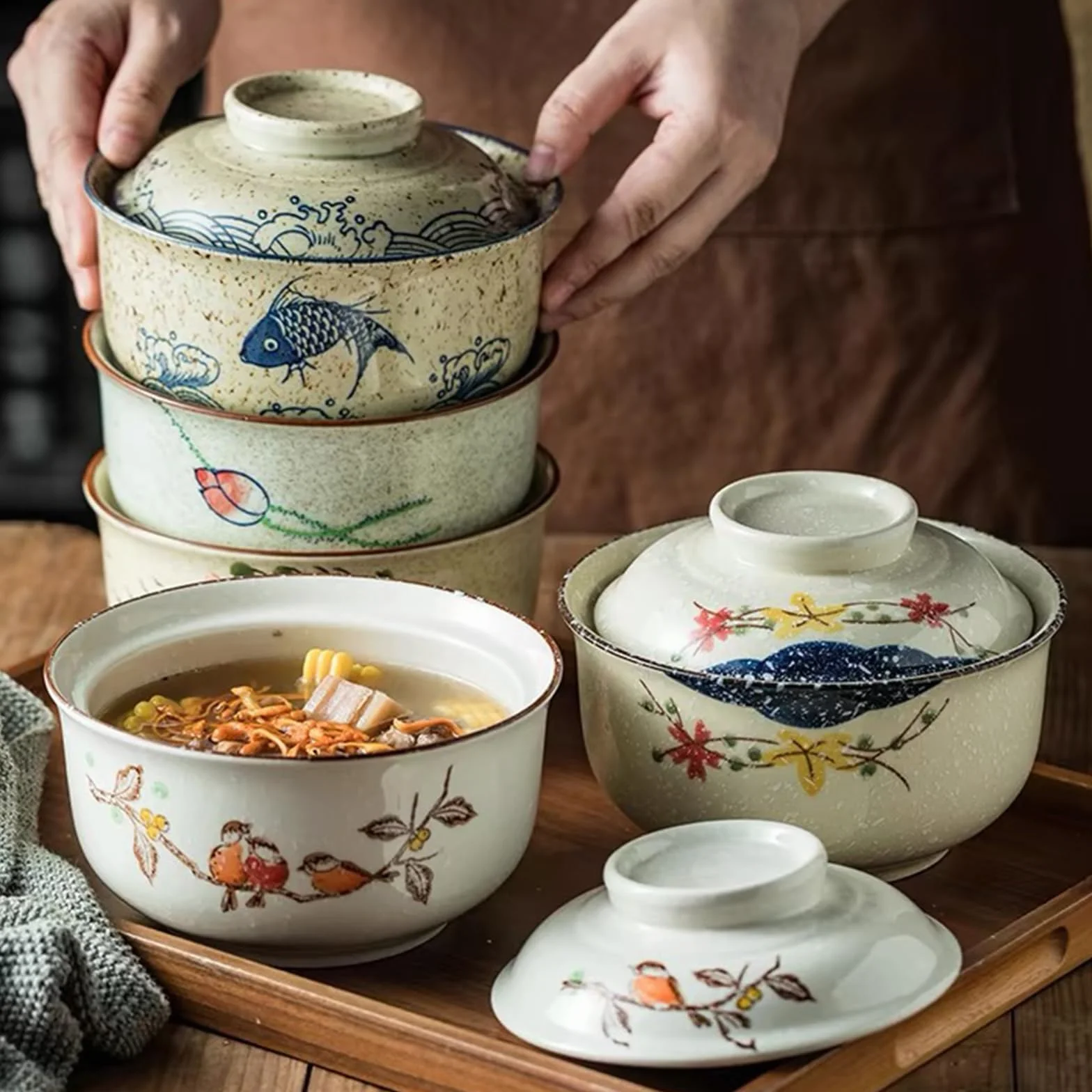 Cuenco de ramen, juego de cuencos de ramen de cerámica con tapa, 800ml de cuencos de sopa, Pho, cuenco de ramen vintage japonés de cerámica para cereales, sopa, vajilla asiática apta para microondas y