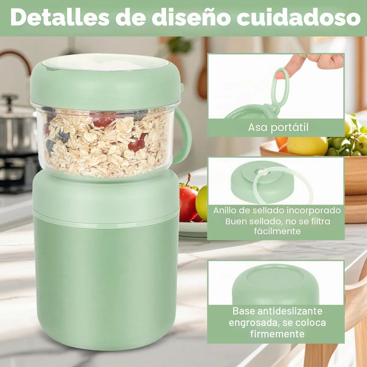 Tazón grande de acero inoxidable para cereales para llevar, taza de yogur 530 ml + 330 ml Tazón de almuerzo portátil a prueba de fugas para cereales, yogur, ensalada, arroz y avena (Verde)