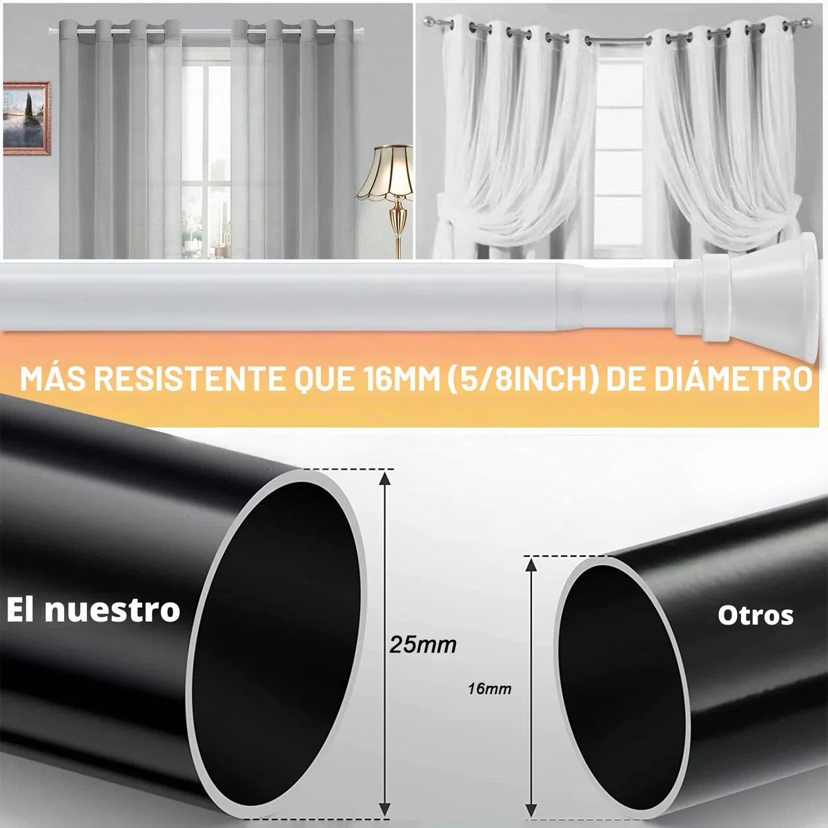 Barra Cortina Extensible, 81-204 cm, Juego de Barra Cortina Estable, Blanca