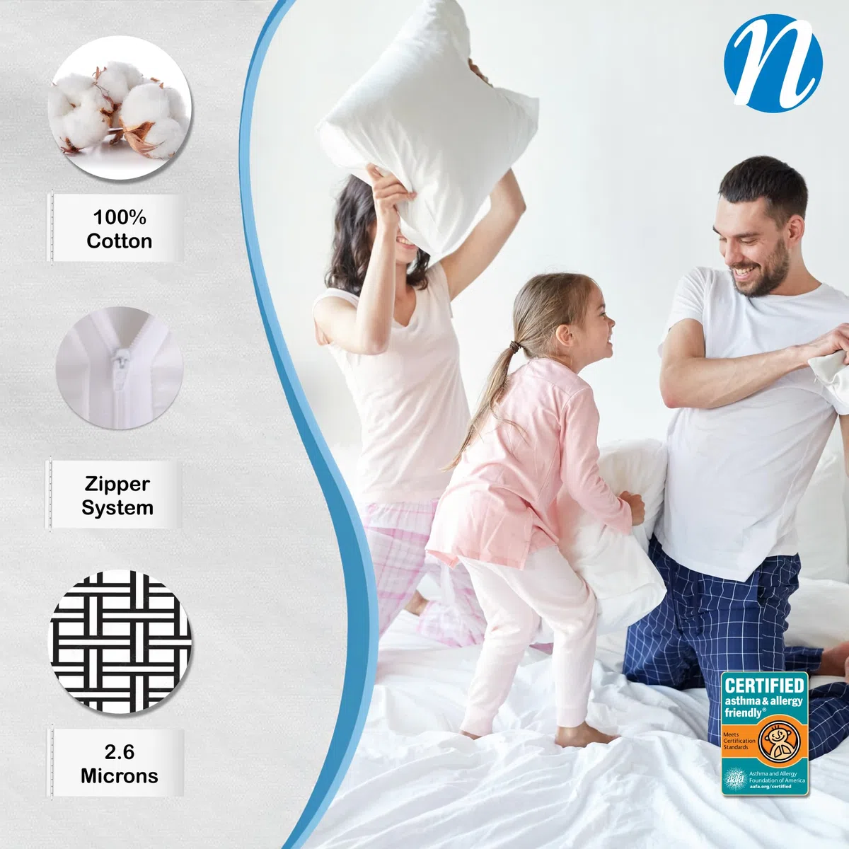 National Allergy Protector de Almohada 100% algodón con Cremallera, tamaño estándar, Color Blanco, Paquete de 2, 300 Hilos, Funda de Almohada hipoalergénica con Cremallera, Funda Transpirable