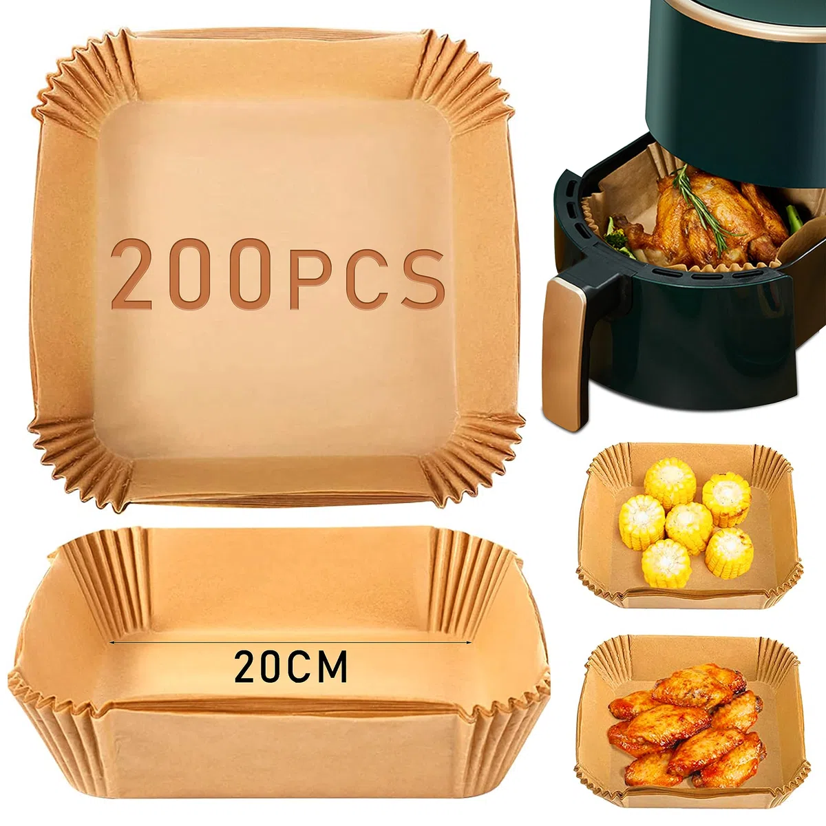 Papel para Freidora de Aire 200 Piezas, Forro de Papel Desechable Esteras Cuadrado de Pergaminos Antigrasa Papel de Aceite Silicona Antiadherente Aplicar a Air Fryer, 7.9 Pulgadas