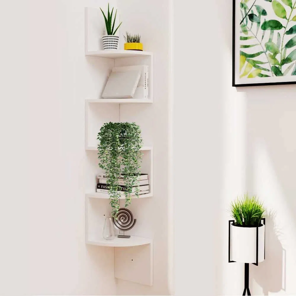OcioDual Estantería de Esquina con Montaje en Pared, Esquinera de 5 Niveles, Diseño en Zigzag, para Plantas, Dormitorio, Sala de Estar, Baño, Oficina, Casa 20x20x122cm Blanca