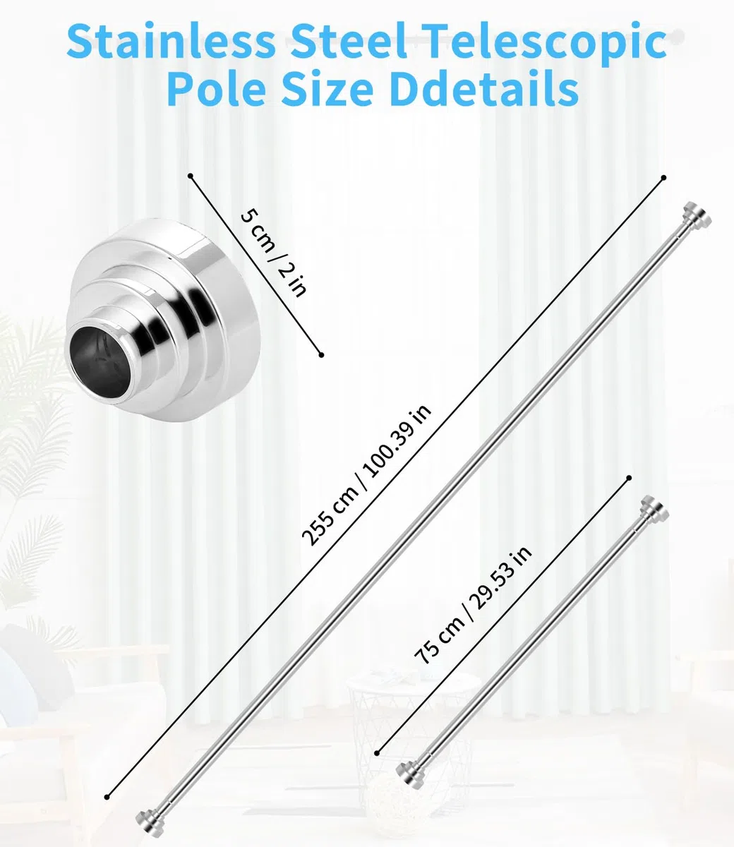 Barra para Cortinas de Ducha,75-255 cm Ducha Ajustable Barra Telescópica para Cortina de Ducha Acero Inoxidable Sin Perforación Óxido Antideslizante para Cortina Armario Baño Ventanas