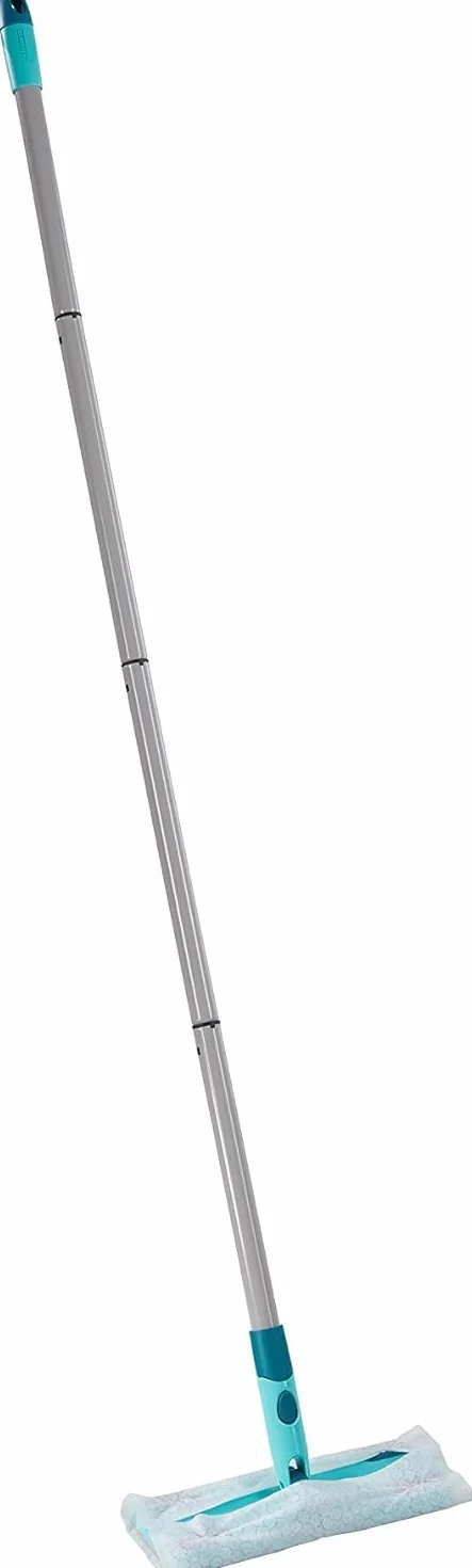 Leifheit Mopa atrapapolvo Clean & Away con palo y 5 gamuzas, set de limpieza con mopa para suelo, mopa plana con articulación giratoria en 360º, Turquesa, 37.7 x 23.1 x 17.8 cm