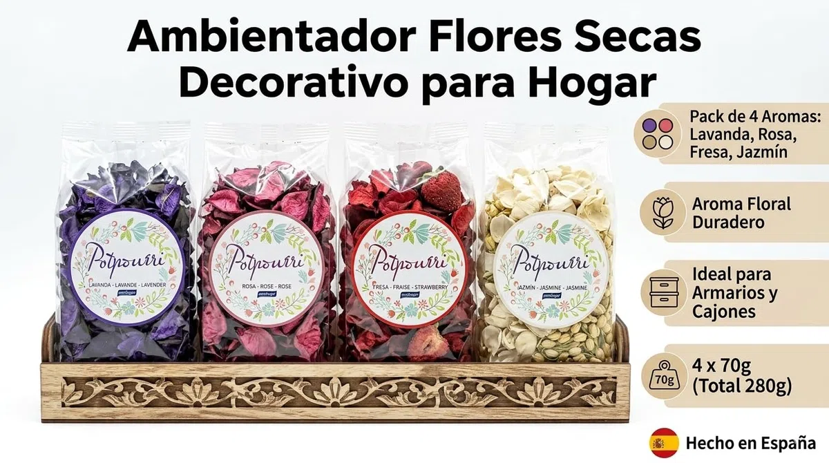 Ambientador de Flores Secas Perfumadas (Pack 4 x 70g) - Potpourri Aromático Decorativo para Armarios, Cajones y Hogar - Aromas Lavanda, Rosa, Fresa y Jazmín - Hecho en España