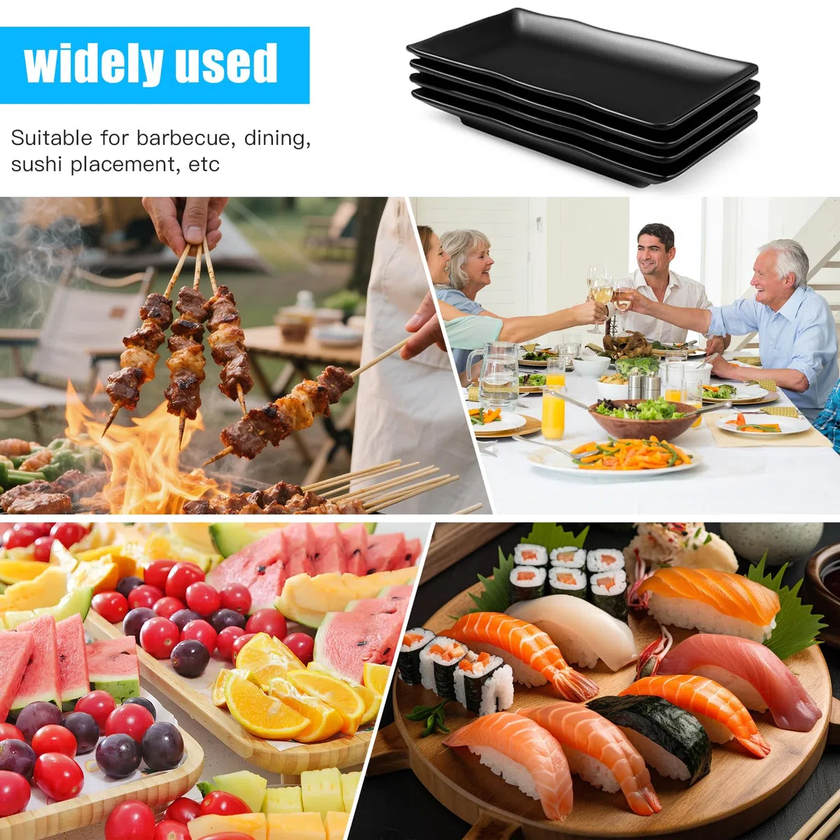 4 platos rectangulares de color negro, platos de melamina, platos para entrantes, platos de postre, platos de aperitivos para sushi, pasteles, ensaladas, frutas, antipasti y guarniciones