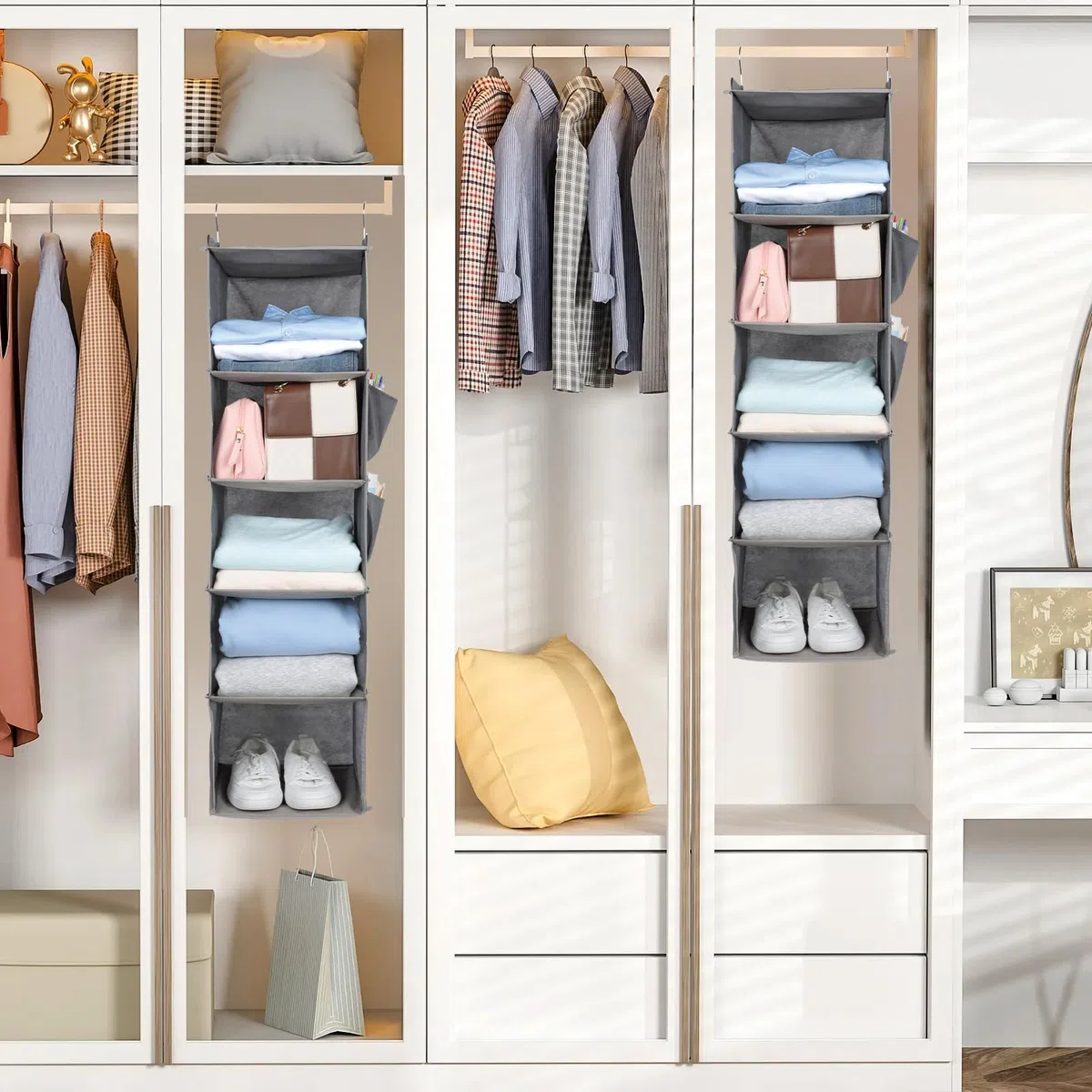 Cozary Organizador Armario Colgante 5 Compartimentos, Organizador taquilla Vestuario Plegable, Colgante con 2 Bolsillos Laterales - Gris