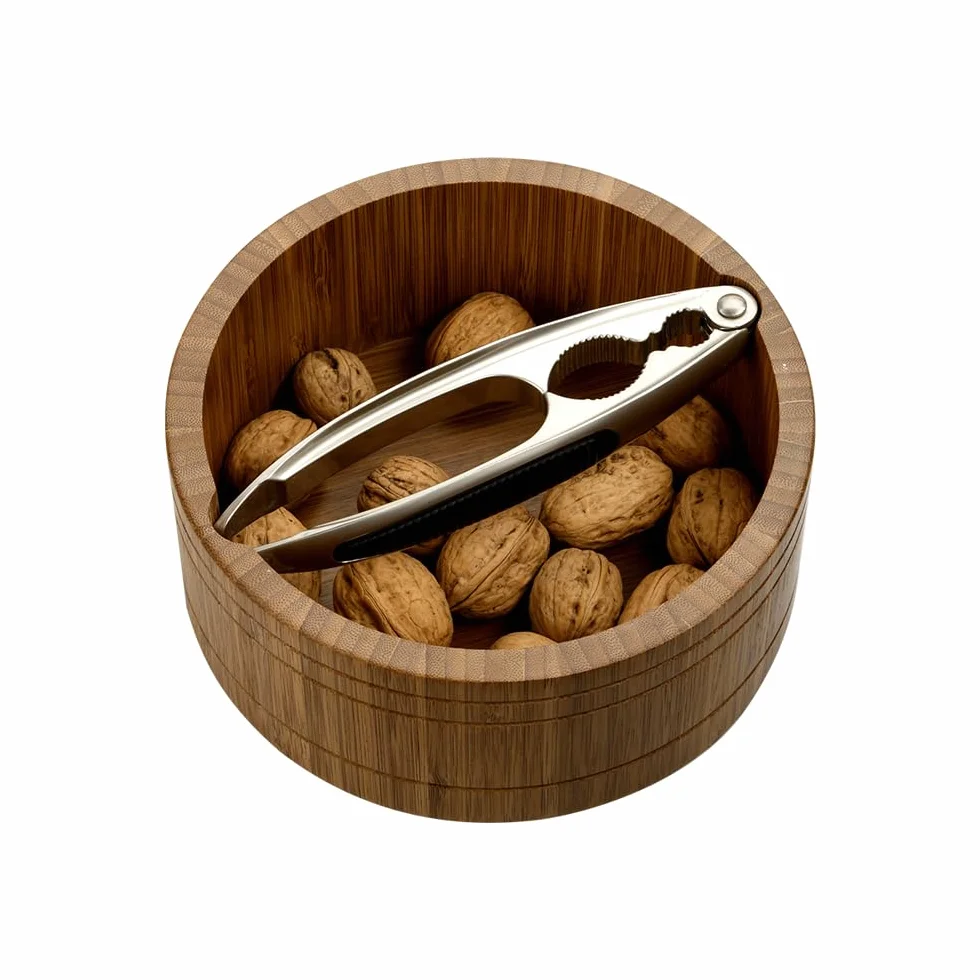 Kesper | Cuenco para nueces con cascanueces, material: bambú, acero inoxidable, tamaño: Ø 17 cm/altura: 7 cm, grosor: 11 mm, color: marrón, plata | 59822