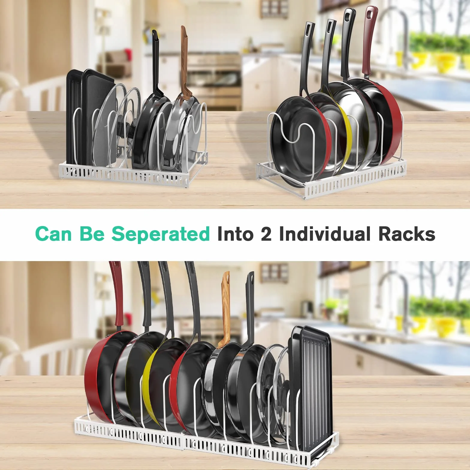 Puricon Organizador de Sartenes, Ollas y Tapas, Soporte Sartenes para Armario, 10 Compartimentos Solución de Almacenamiento Flexible para Espacio Limitado en La Cocina -Blanco