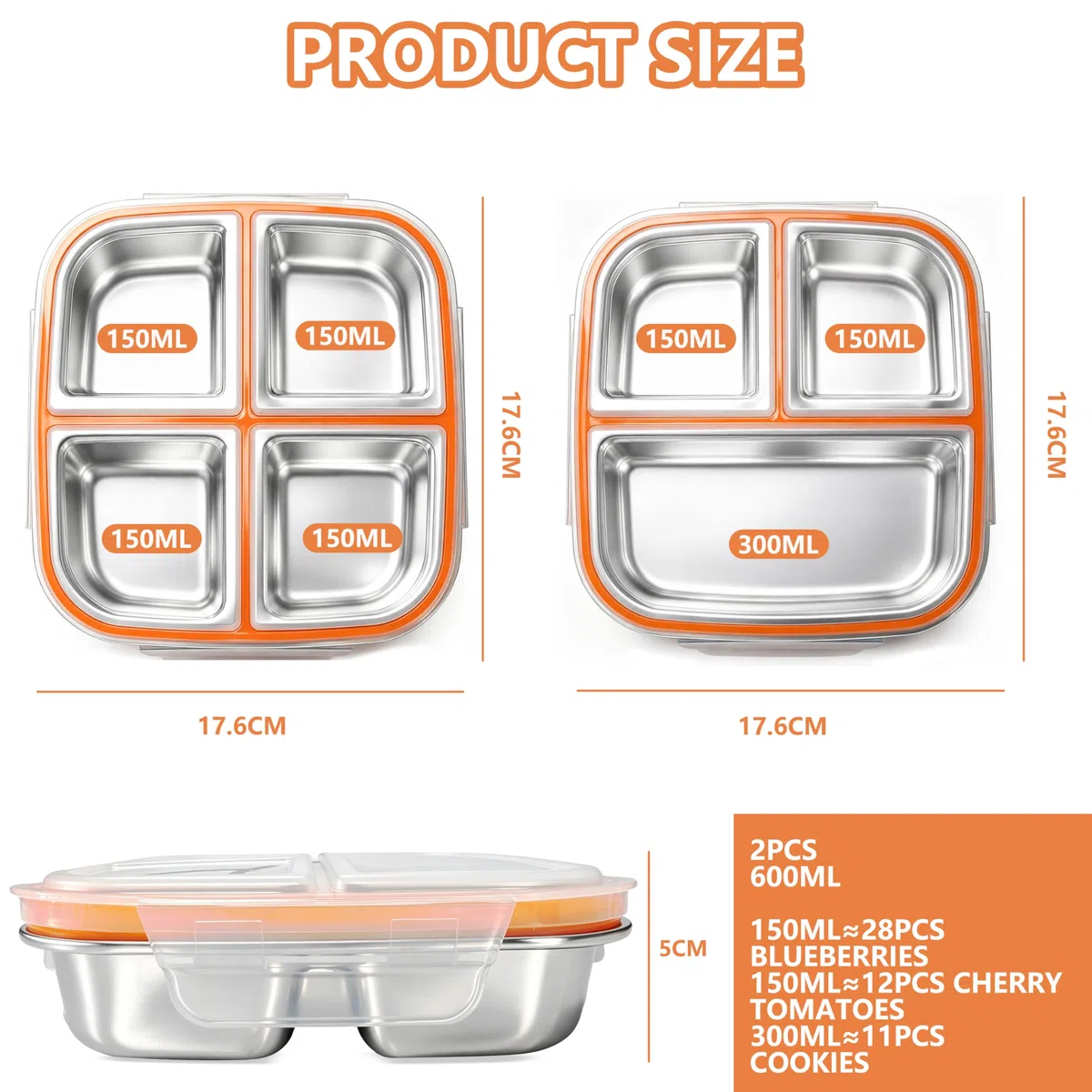 2 Cajas de Aperitivos de Acero Inoxidable con 3 y 4 Compartimentos, A Prueba de Fugas, 600 Ml, con Compartimentos, Cajas de Aperitivos de Acero Inoxidable 304, Reutilizables para Escuela