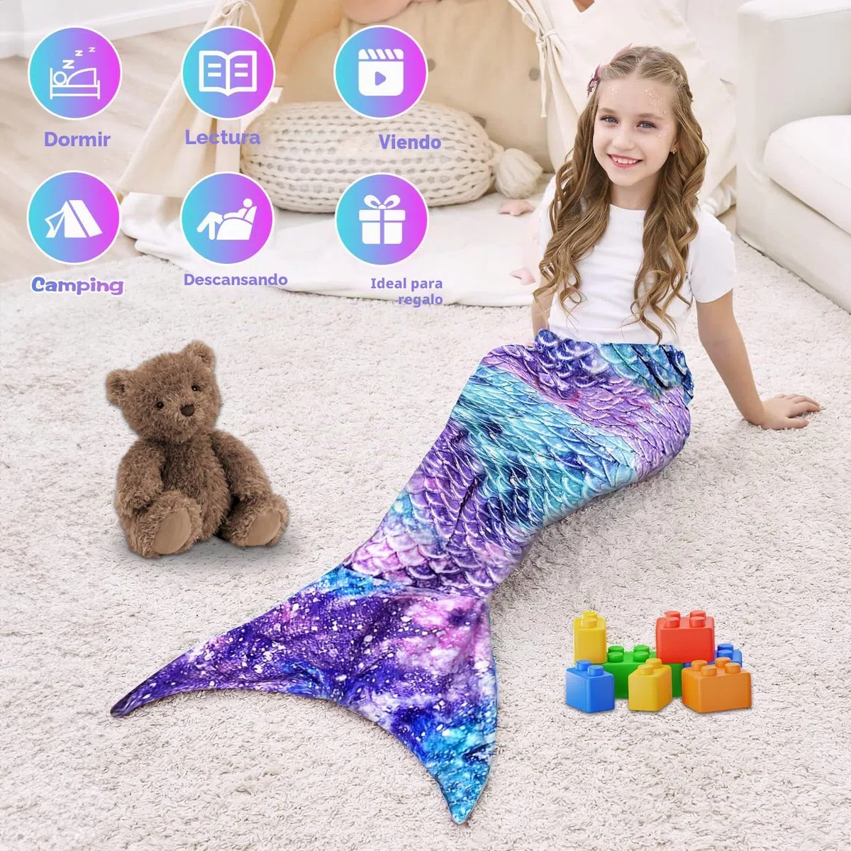 Manta Cola de Sirena, Manta de Cola de Sirena 140 X 60cm, Franela Manta Sirena con Pulsera de Horquilla de Lentejuelas, Saco de Dormir de Sirena, Morado y Azul