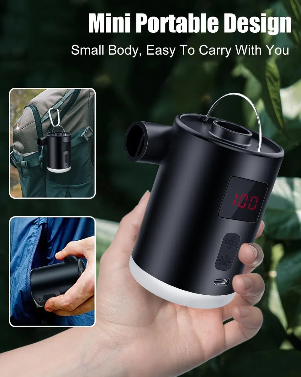 Bomba de Aire Eléctrica 4000mAh Batería Recargable con 3 Boquillas, Inflador Eléctrico Portátil, con Fuente de Luz, se Puede Colgar, Adecuado, para Barco Inflable Piscinas Colchones de Cama, Inflador