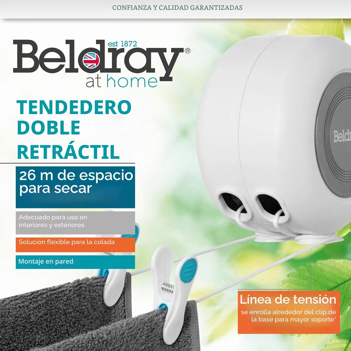 Beldray LA027016EU Línea De Ropa De Doble Retráctil Con 26 Metros De Cuerda, Línea De Lavado Resistente Al Viento, Tendedero Robusta Y Duradera Con Cuerdas Extensibles, Instalar En Cualquier Lugar