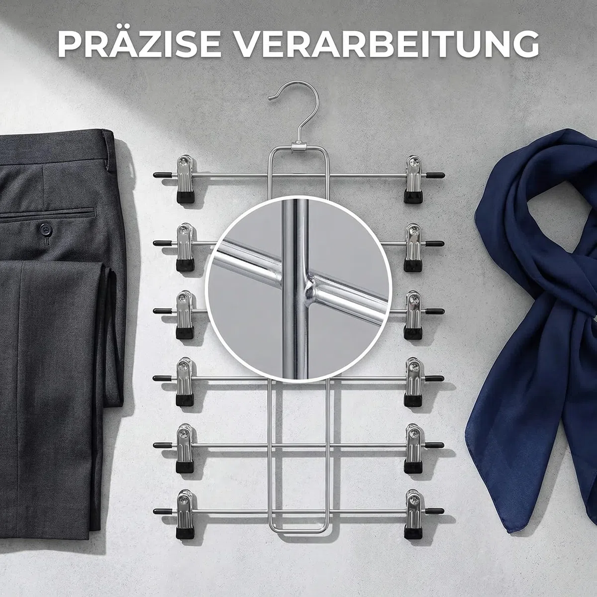 Perchas para pantalones que ahorran espacio, 2 unidades de acero inoxidable, resistentes y plegables, con pinzas ajustables, gancho giratorio de 360°, antideslizante, organizador de armario
