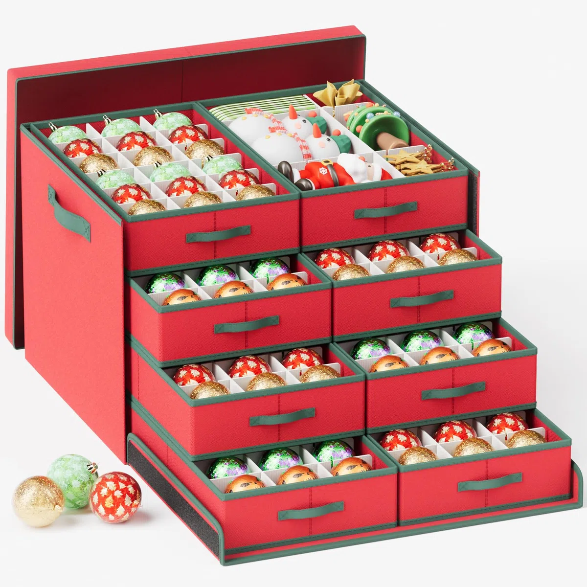 Mutool Caja de almacenamiento de bolas de Navidad con divisores, contenedor de almacenamiento de adornos de Navidad con 144 compartimentos con 8 bandejas extraíbles, grandes contenedores de