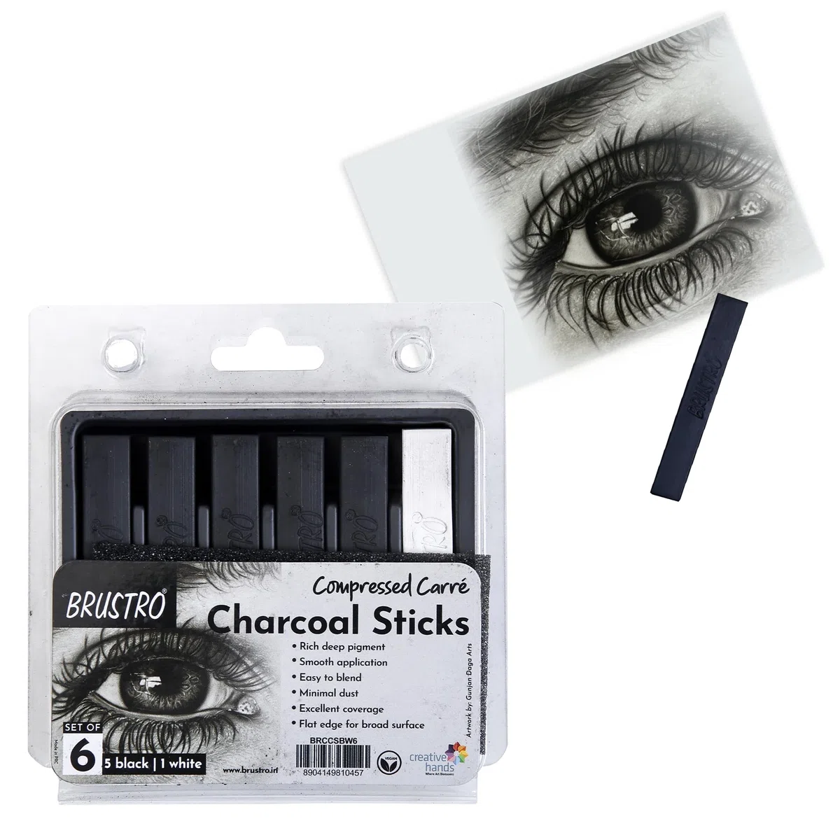 BRUSTRO Palos de carbón comprimido para artista, juego de 6 (5 negros y 1 blanco), ideal para retratos de carbón, dibujo, manualidades, uso profesional.