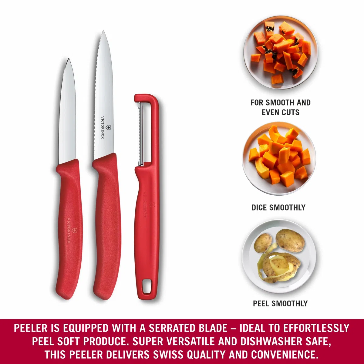 Victorinox Swiss Classic Juego de navajas con pelador, cuchillo para pelar y cuchillo para tomates, 3 piezas, hoja extra afilada, Rojo