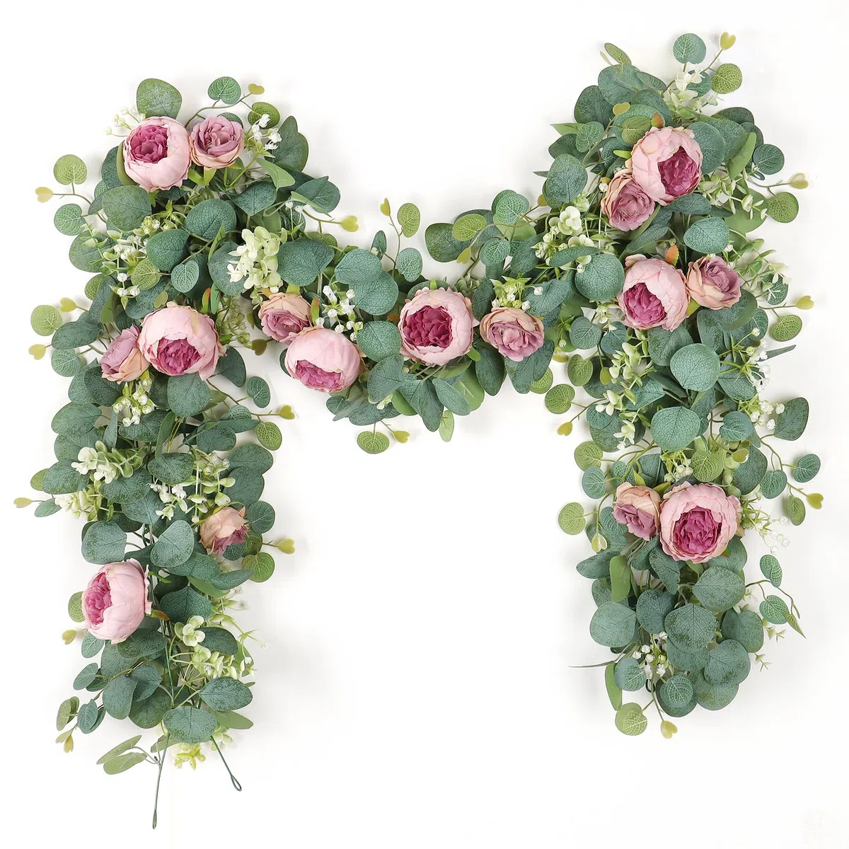 2 guirnaldas de flores artificiales de eucalipto, vintage, flores falsas, peonías, vid de rosas, verde, planta decorativa para colgar en la pared para arco de boda, arreglo de puerta,