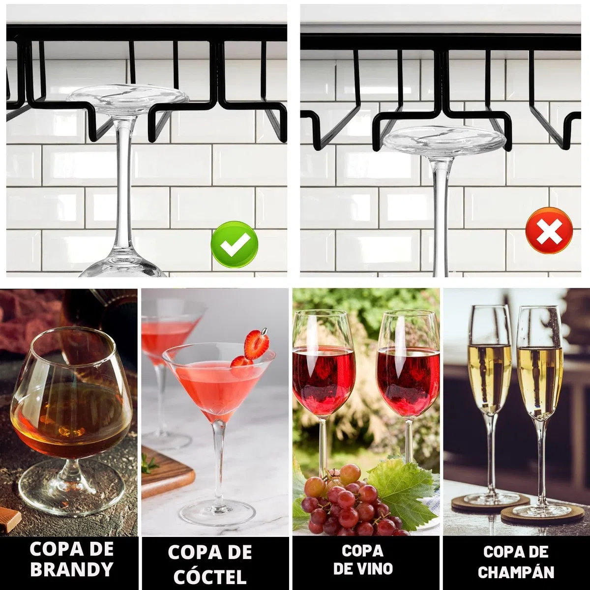 MXTIMWAN 4 Filas Soportes para Copas de Vino de Metal, 2 Piezas Colgador de Copas Invertido, Estante de Almacenamiento de Metal, para Bar Restaurante Cocina
