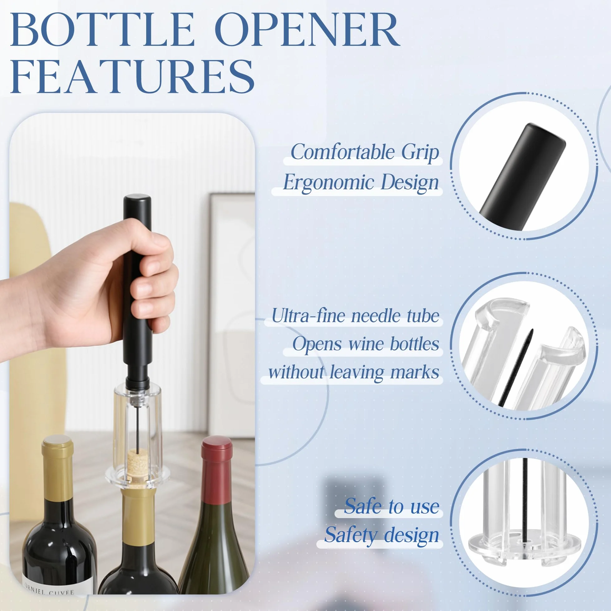 Set de Sacacorchos de Aire a Presión, Incluye Corta Cápsulas, Bomba Vacio Tapon, Vertedor y Base, Abridor de Vino Profesional Funcional, Regalo Ideal para los Amantes del Vino Navidad